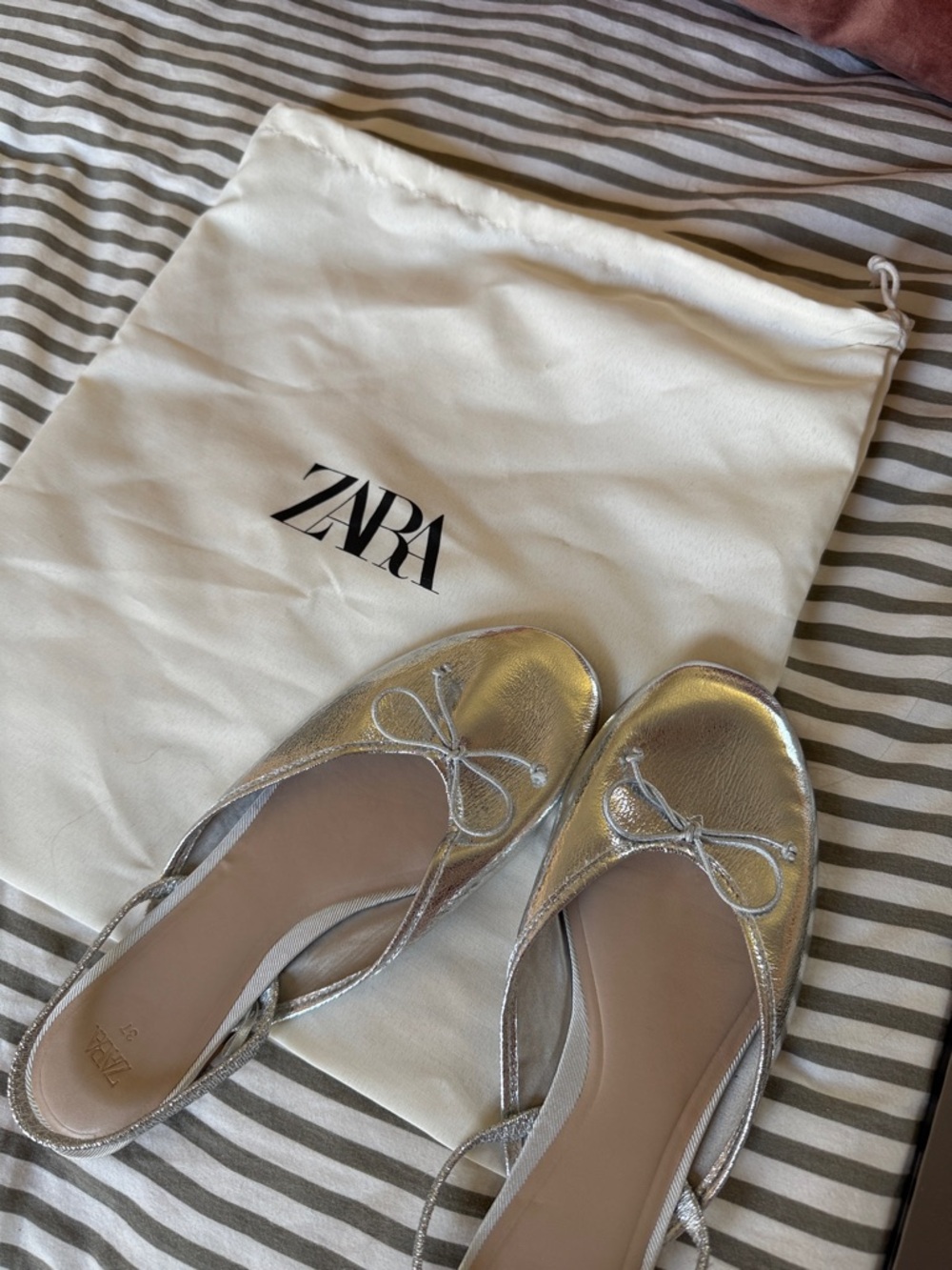 Zara Metallic Silver Bow Slingback Flats